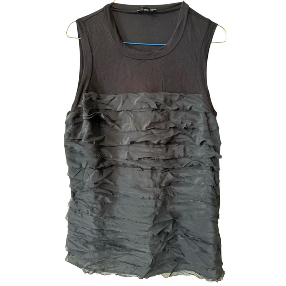 Ann Taylor black sleeveless blouse with tiered ruffles
